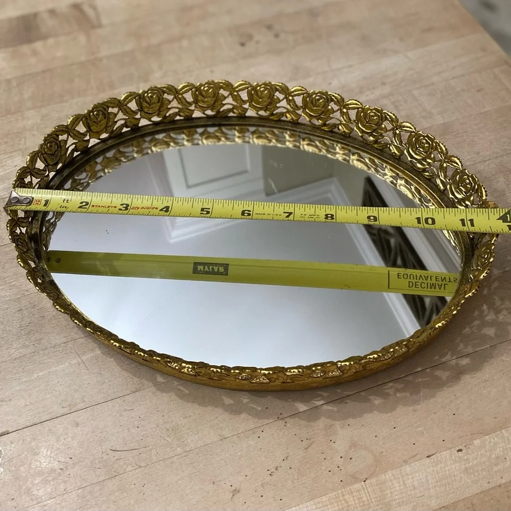 Vintage Oval Vanity Tray Gold Filigree with Rose Pattern Mirrored 12” x 8.75”